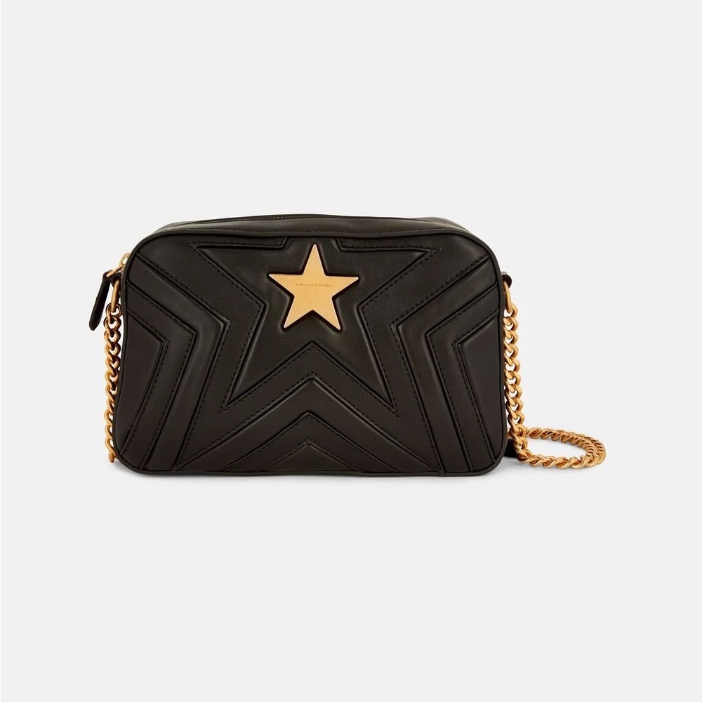 Stella McCartney Black Quilted Star Camera Bag with Gold Chain Strap